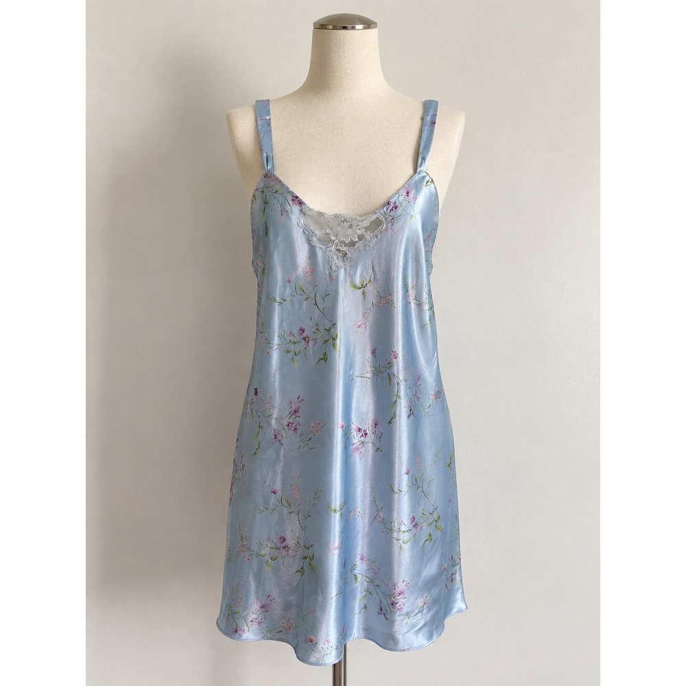Morgan Taylor Intimates Blue Floral Satin Lace Trim Chemise Nightgown Plus 1X